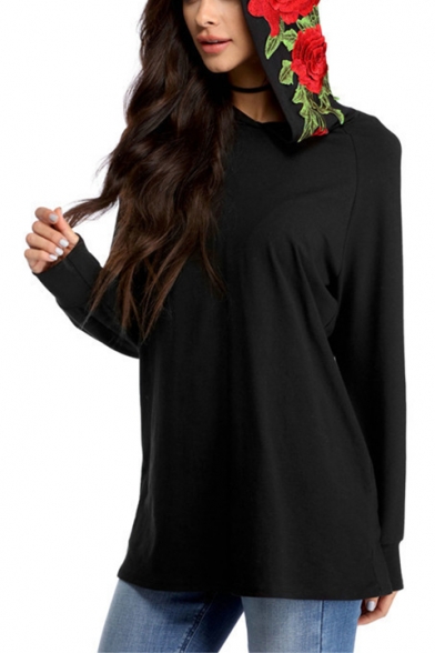 Women's Chic Floral Embroidery Hood Long Sleeve Sport Loose Black Hoodie