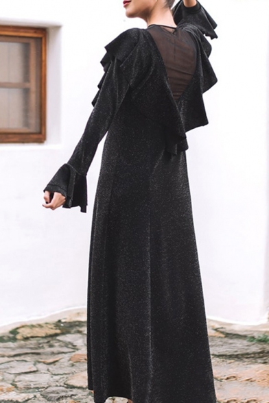 Women's Fashion Sexy Round Neck Long Sleeve Plain Ruffle Hem Mesh Patch Midi Black A-Line Dress