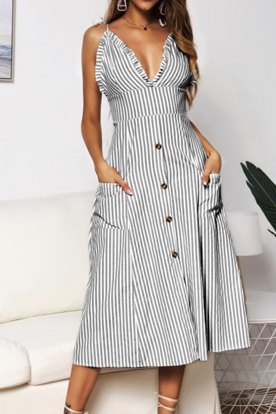 Women's Fashion Sexy Spaghetti Straps Bow Sleeveless Stripes Printed Button Detail Midi Slip Dress