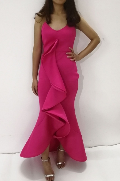 Women's Fashion Sexy V-Neck Sleeveless Plain Ruffle Hem Maxi Asymmetric Rose Red Dress