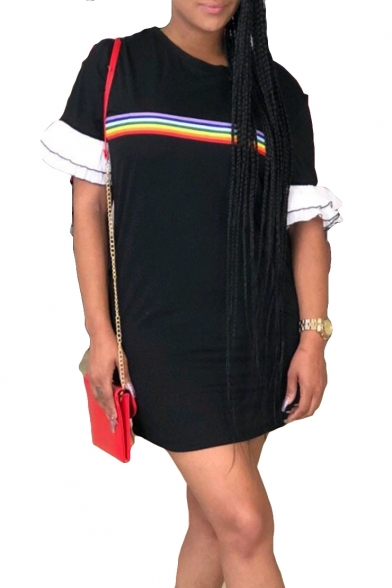 Women's Hot Fashion Round Neck Ruffle Short Sleeve Rainbow Stripe Mini Black Shift Dress