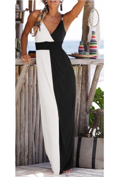 Women's Hot Fashion V-Neck Sleeveless Colorblock Printed Maxi Slip Dress