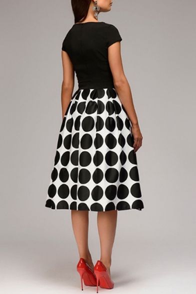 Women's New Stylish Polka Dot Short Sleeve Round Neck Midi A-Line Dress