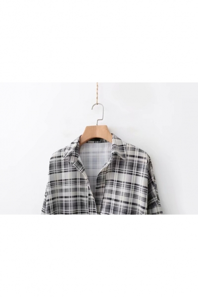 Women's Stylish Check Plaid Print Spread Collar Long Sleeve Tied Hem Tunic Shirt Blouse