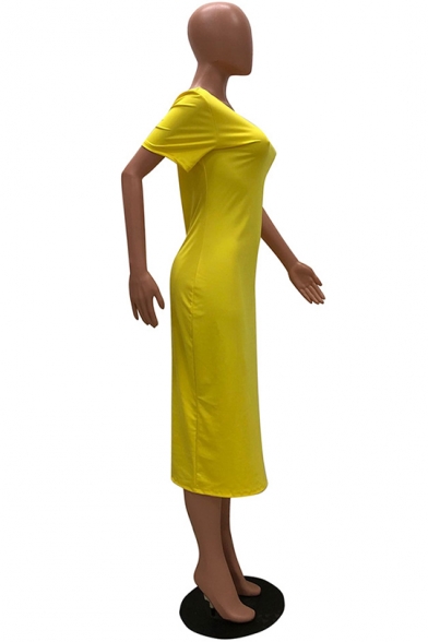 Women's Trendy Sexy One Shoulder Short Sleeve Plain Tide Waist Split Hem Midi A-line Dress