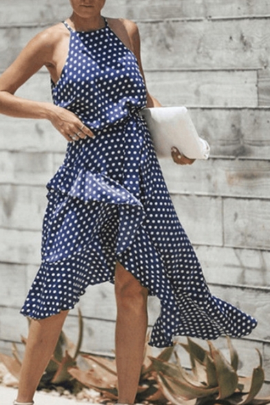 Women's Unique Polka Dot Sleeveless Round Neck Asymmetric Ruffle Hem Midi Slip Dress