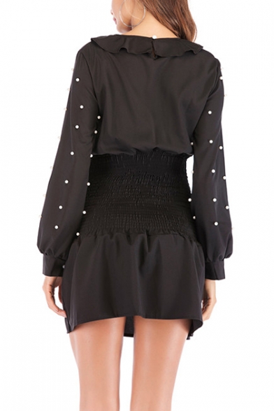 Womens Black Chic Beading Embellished Long Sleeve Round Neck Sash Waist Mini A-Line Dress