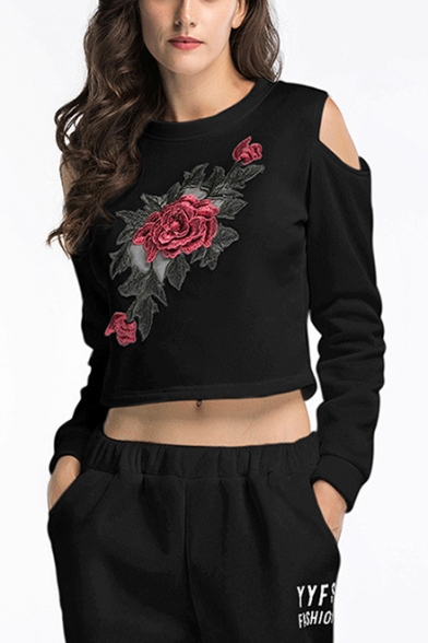 Womens Chic Floral Embroidery Cold Shoulder Long Sleeve Pullover Cropped Sweatshirt