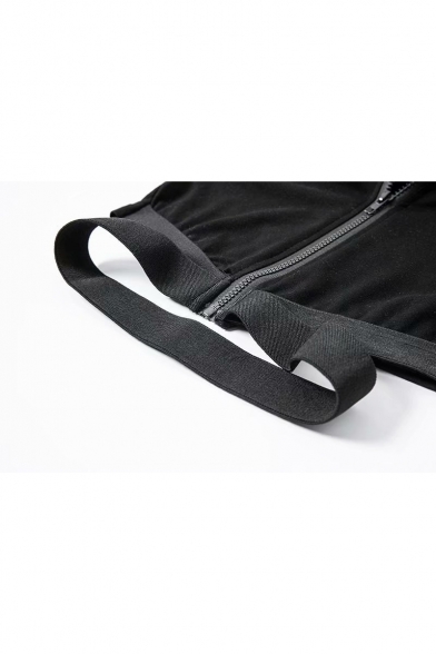 Womens New Stylish Elastic Tape Hem Long Sleeve Zip Up Cropped Black Hoodie