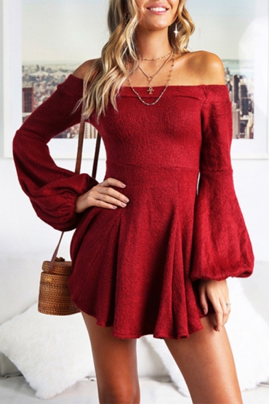 Womens New Stylish Solid Color Off the Shoulder Lantern Long Sleeve Mini A-Line Dress