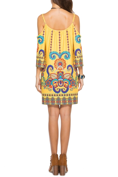 Womens Summer Holiday Fashion Tribal Printed Cold Shoulder Three-Quarter Sleeve Mini Strap Dress Beach Dress