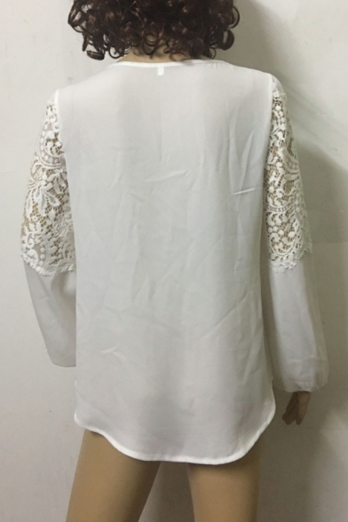 Basic Simple Plain Chic Lace Patched Round Neck Long Sleeve White Casual Chiffon Blouse Top