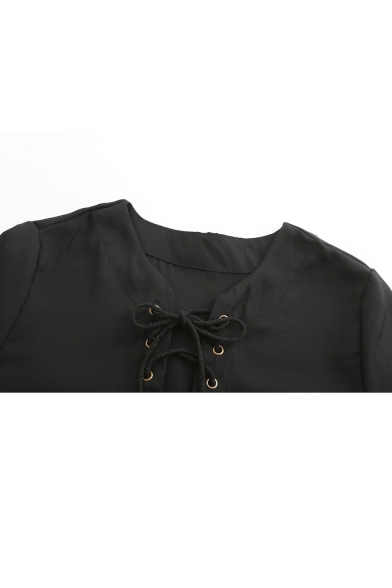 Black Lace Up Hollow Out V Neck Button Side Patched Long Sleeve Plain Chiffon Blouse