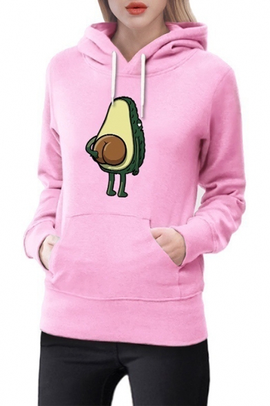 Cartoon Avocado Printed Drawstring Long Sleeve Hoodie with Pocket