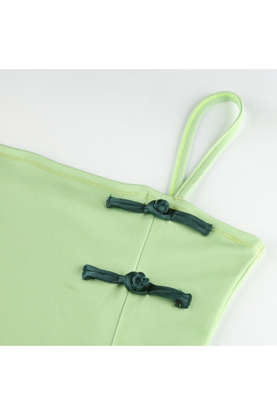 Chic Retro Frog Button Embellished Side Green Mini Bodycon Slip Dress