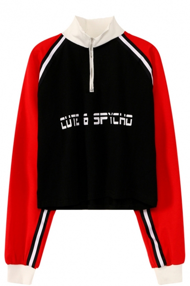 Cool Letter CUTE PSYCHO Printed Zipper Stand Collar Colorblock Striped Printed Cropped Sweatshirt