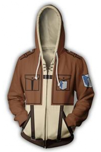 Cool Logo 3D Comic Cosplay Zipper Front Long Sleeve Khaki Hoodie with Two Pockets