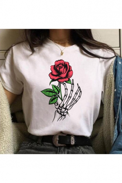 Cool Skeleton Hand Rose Floral Printed Round Neck Short Sleeve Casual Loose White T-Shirt
