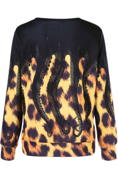 Cool Unique Octopus Leopard Printed Round Neck Long Sleeve Black Sweatshirt