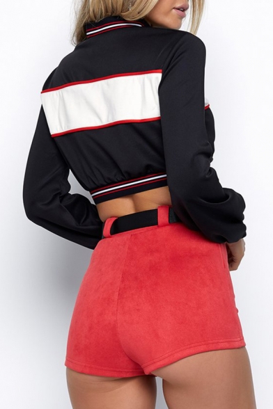 Cool Women's Colorblock Stripe Contrast Trim Mock Neck Long Sleeve Black Cropped Sweatshirt