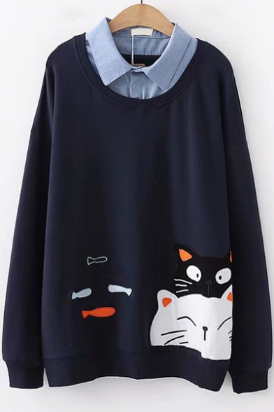 Cute Cartoon Cat Fish Embroidery Long Sleeve Loose Casual Pullover Sweatshirt for Students