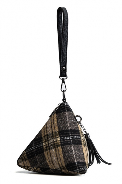 Designer Plaid Pattern Tassel Embellishment Triangle Hairy Clutch Bag with Strap 19*16*16 CM