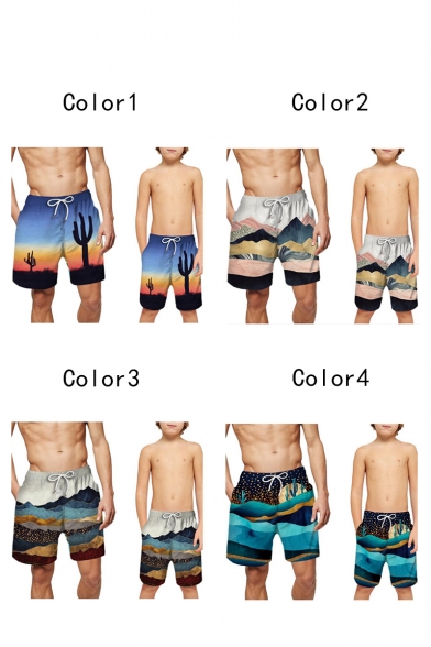 Fashion 3D Mountain Printed Drawstring Waist Parent-Child Holiday Beach Swim Trunks Shorts