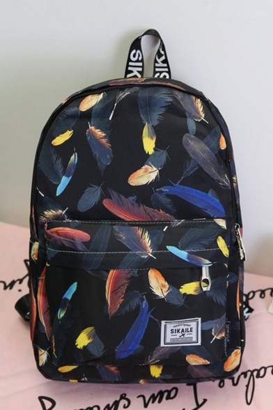Fashion Feather Pattern Waterproof Black Polyester Leisure School Bag Travel Backpack for Girls 36*27*11 CM