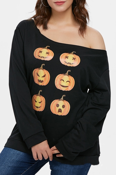 Fashion Halloween Pumpkin Print One Shoulder Long Sleeve Black Loose Fit Sweatshirt for Women