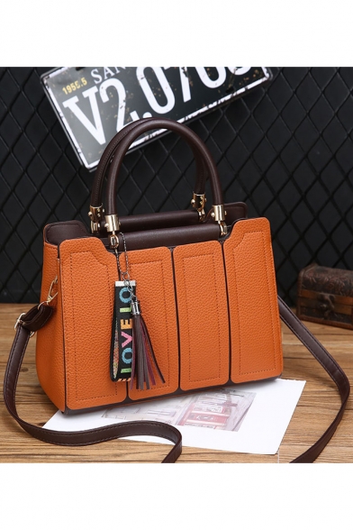 Fashion Plain Leather Patched Letter Ribbon Tassel Embellishment Work Satchel Tote Handbag 29*14*21 CM