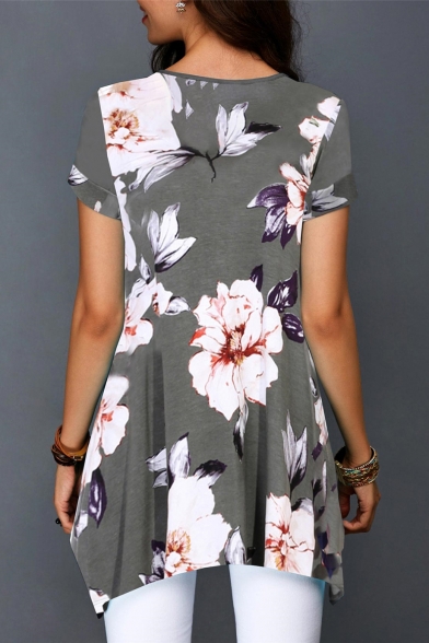 Fashion Street Style Cross V-Neck Short Sleeve Floral Print Tunic Grey Tee For Women