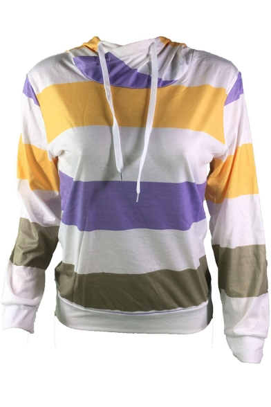 Fashion Stripe Color Block Womens Long Sleeve Casual Loose Pullover Hoodie