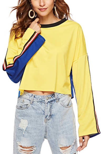 Fashion Two-Tone Stripe Tape Long Sleeve Round Neck Yellow and Blue Crop Sweatshirt
