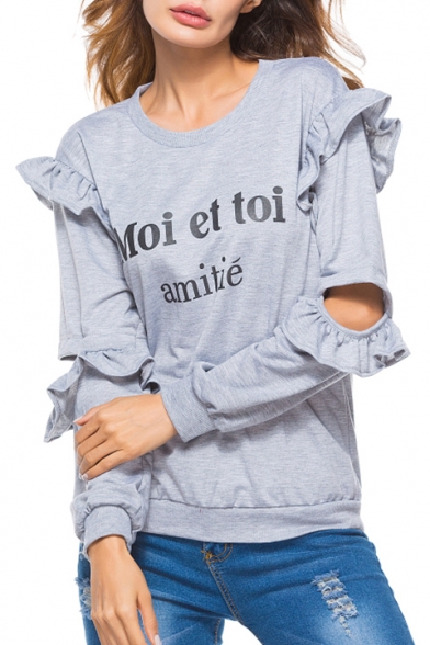Fashion Women's Letter MOI ET TOI Print Round Neck Hollow Out Ruffle Design Long Sleeve Gray Loose Fit Sweatshirt