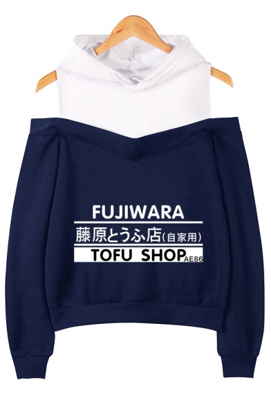 Fujiwara Tofu Shop Popular Letter Print Cold Shoulder Long Sleeve Casual Loose Hoodie