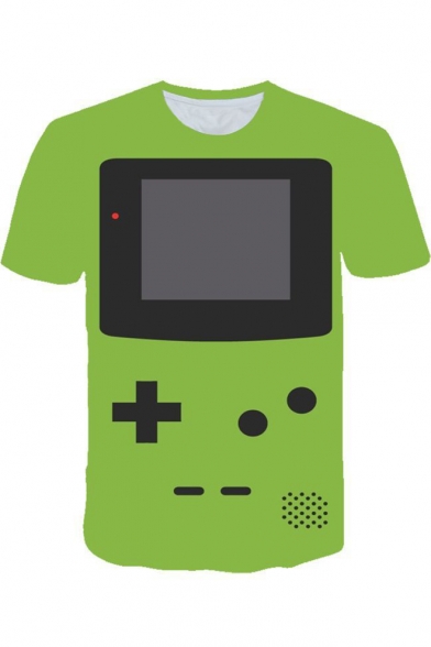 Funny 3D Game Console Printed Summer Round Neck Short Sleeve Green T-Shirt