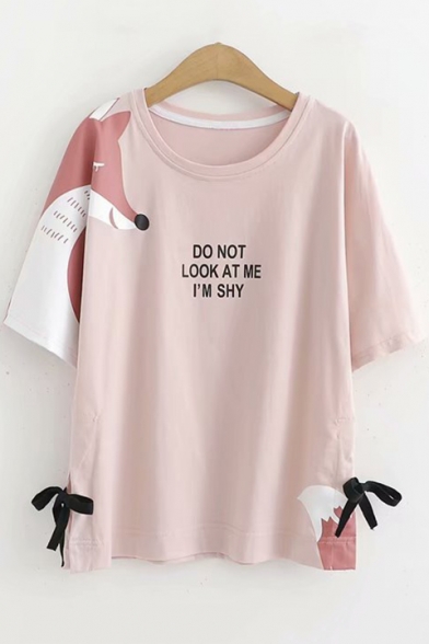 Funny Fox Letter DO NOT LOOK AT ME I'M SHY Print Bow-Tied Side Round Neck Pink T-Shirt