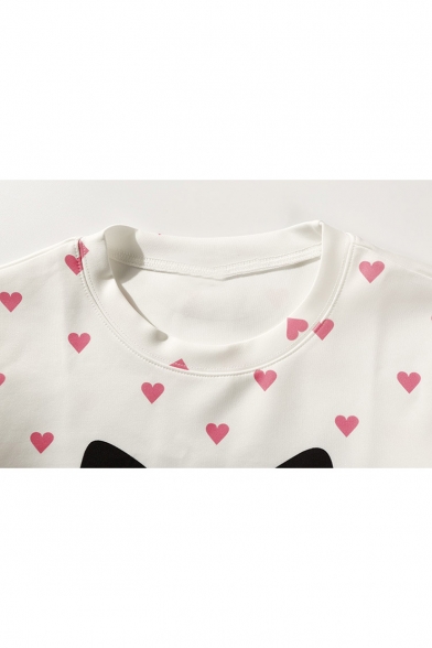 Girls Sweet Allover Heart Cartoon Cat Printed White Casual Loose Sweatshirt