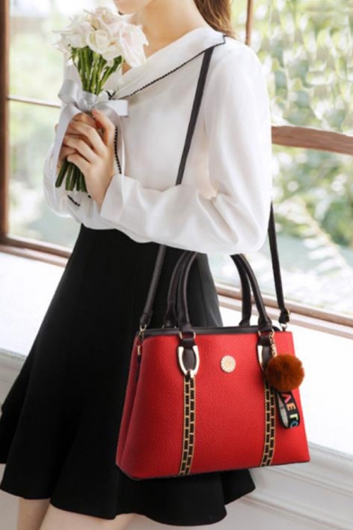 Glamorous Embroidery Thread Button Ribbon Plush Ball Embellishment Commuter Tote Handbag 32*13*23 CM