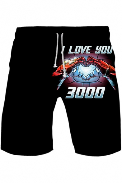 Guys Cool Iron Hand Heart Letter I LOVE YOU 3000 Drawstring Waist Black Sport Loose Sweat Shorts