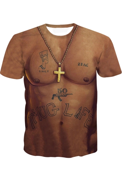 Guys Cool Letter THUG LIFE Tattoo 3D Muscle Pattern Round Neck Short Sleeve Slim T-Shirt