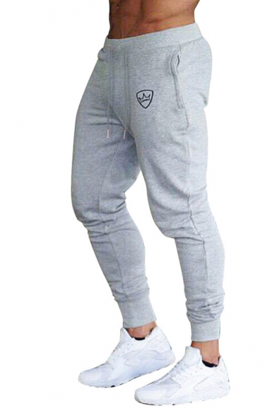 Guys Fashion Simple Crown Logo Printed Drawstring Waist Slim Fit Cotton Pants Sweatpants