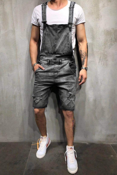 Guys New Stylish Simple Plain Distressed Ripped Denim Rompers Overalls