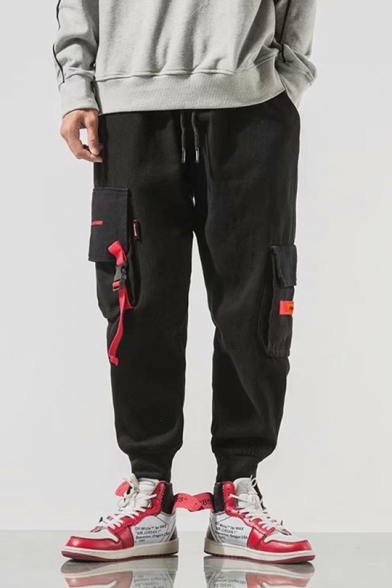 Guys New Trendy Ribbon Embellished Drawstring Waist Loose Fit Cargo Pants