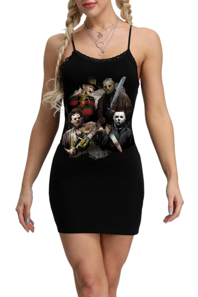 Halloween Horror Figure Printed Black Mini Bodycon Dress for Women