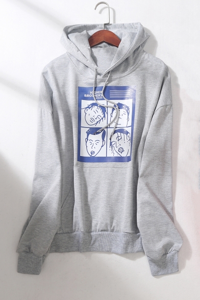 HIGHER BROTHERS Letter Comic Boy Face Printed Drawstring Long Sleeve Hoodie with Pocket