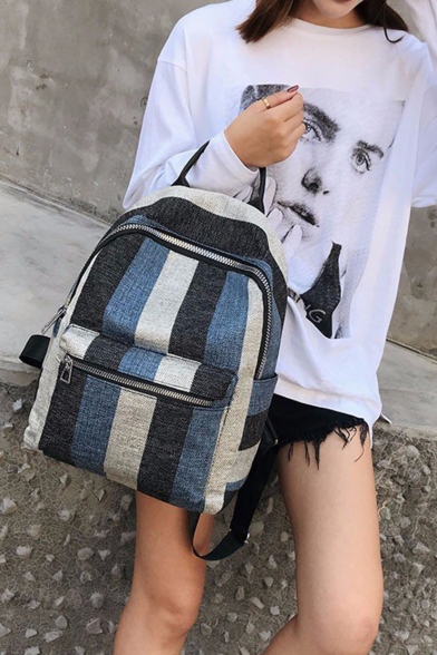 Hot Fashion Colorblock Stripe Pattern Canvas Leisure School Bag Travel Backpack 39*28*12 CM