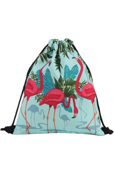 Hot Fashion Flamingo Plant Printed Green Storage Bag Drawstring Backpack 30*39 CM