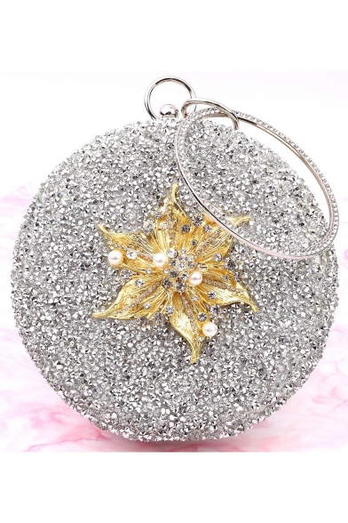 Luxury Pearl Rhinestone Embellishment Floral Pattern Glitter Silver Round Clutch Handbag 18*18 CM