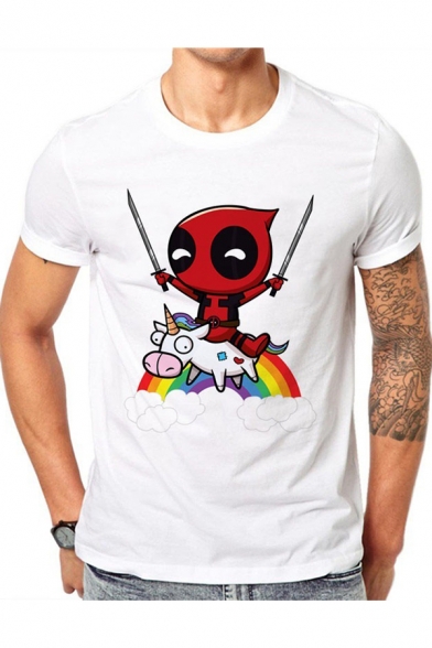Men's Lovely Short Sleeve Round Neck Rainbow Unicorn Cartoon Print White Cotton T-Shirt